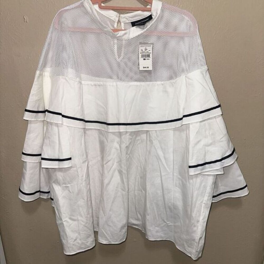 Ashley Stewart White Mesh Ruffle Trim Top Plus Size 26/28 NWT